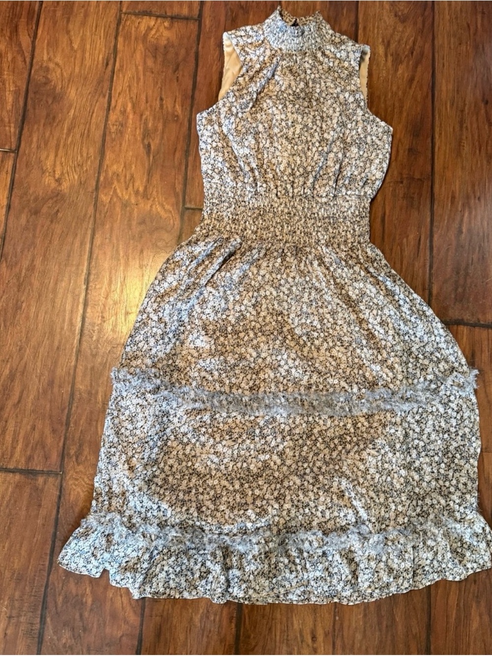 1. State Beige Floral Smocked Midi Dress